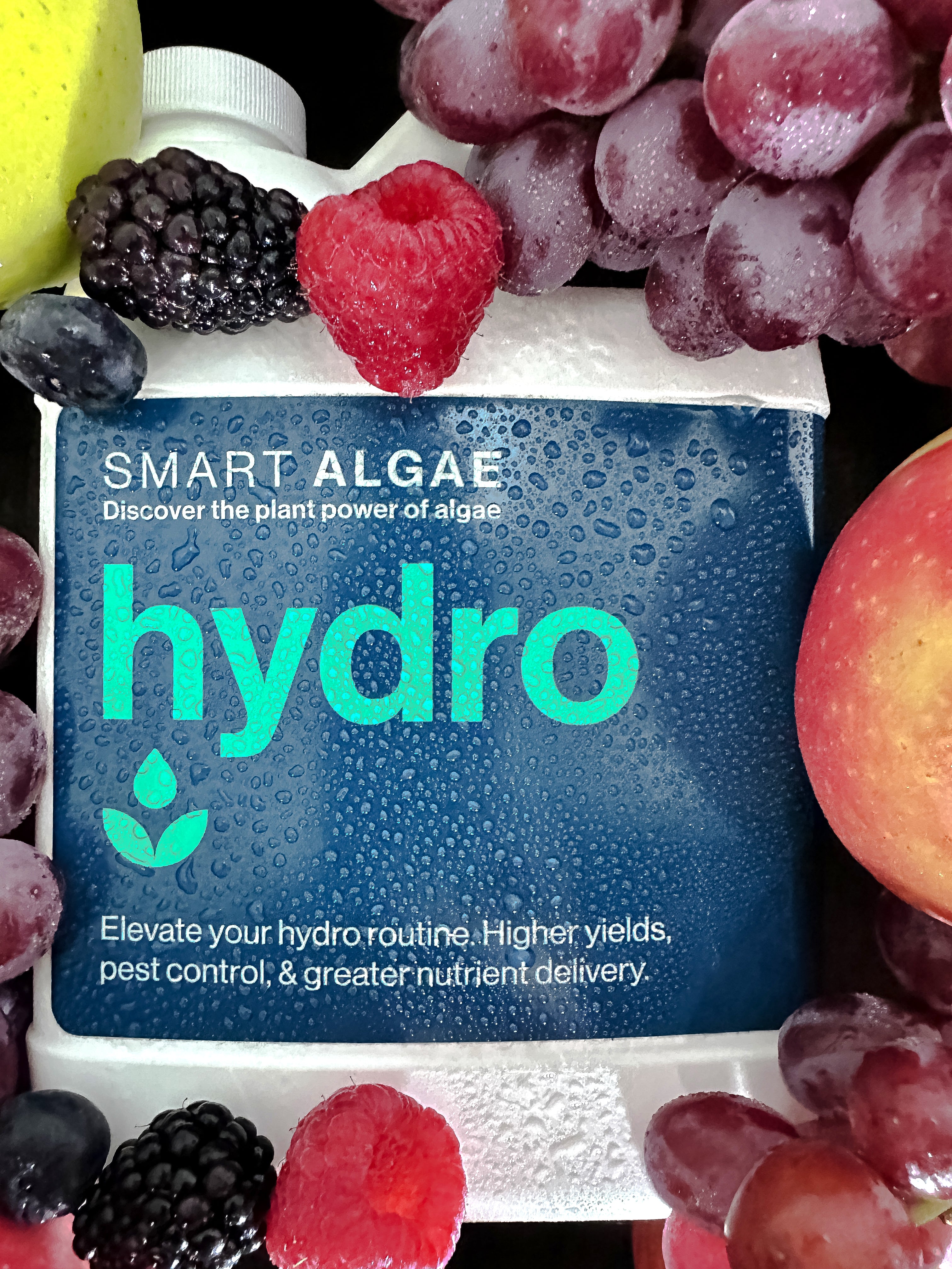 A white container labeled 'SmartAlgae hydro' indicating it is a product for rapid and healthy plant growth in hydroponic settings. Natural Algae bio-stimulant